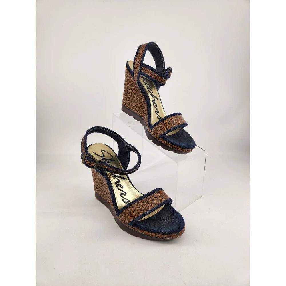 Skechers Wedge Sandals Women 9‎ Blue Denim Brown Woven Platform 38268